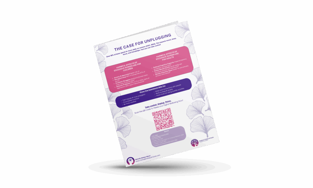 Cover of the "Case For Unplugging" PDF (white background with pink and purple) standing on bottom spine edge with drop shadow.